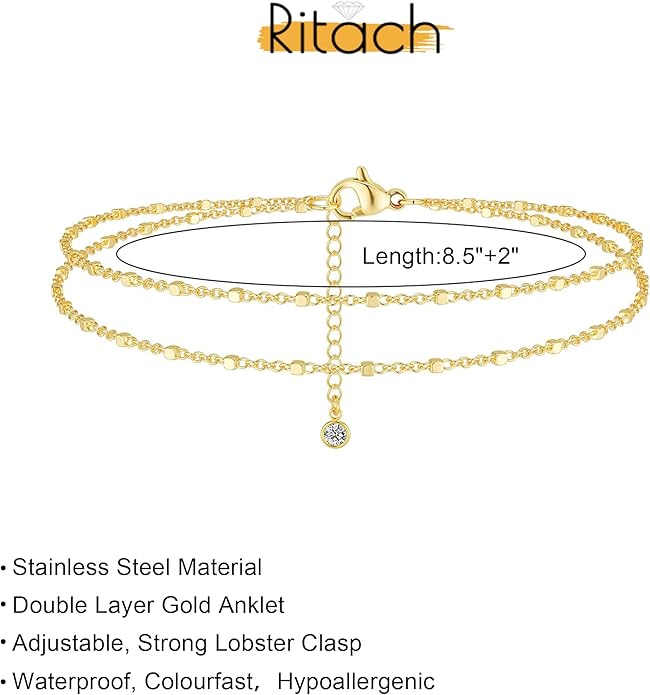 Ritach Ankle Bracelets for Women - Stainless Steel Silver/Gold Anklets for Women Waterproof Layered Cuban Link Figaro Chain Heart Anklets Set Summer Beach Jewelry Gifts