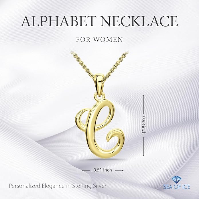 SEA OF ICE Letter Initial Necklace, Alphabet Letter Pendant Necklace, Sterling Silver, Gold, Rose Gold Necklace for Women, Elegant Initial Necklaces, Personalized Custom Women's Necklaces