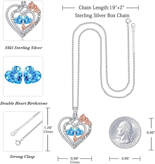 Iefil Rose Heart Necklace Gifts for Wife Women - 925 Sterling Silver Double Birthstone Necklace, Anniversary Birthday Gifts for Women, Jewelry Gift for Wife Girlfriend Mom Her