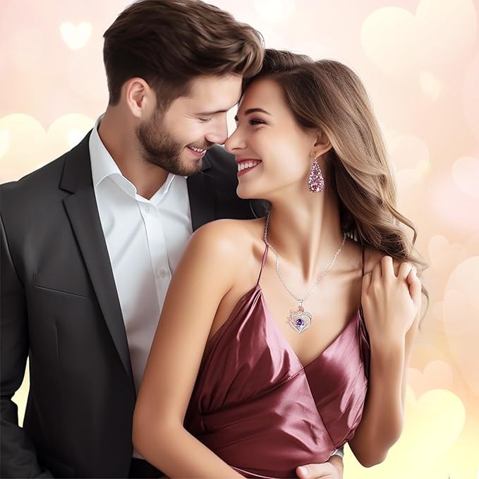 moshen Rose Heart Necklace for Women,925 Sterling Silver Birthstone Pendant - Gift for Women on Valentine's Day, Birthday, Christmas, Anniversary, Mather's Day (02-February-Amethyst Purple)