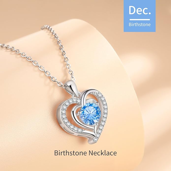 Heart Necklace, I Love You Always & Forever, Birthstone Cubic Zirconia Pendant, Gift for Women