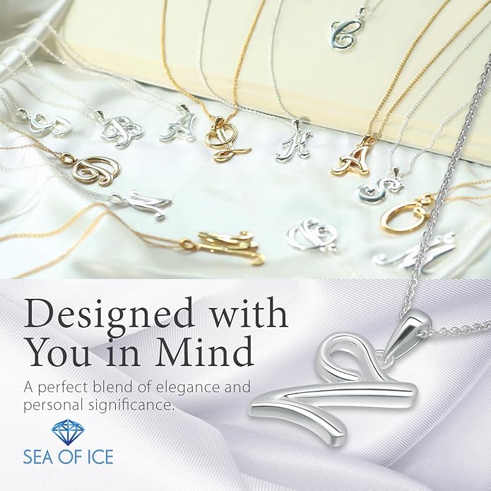 SEA OF ICE Letter Initial Necklace, Alphabet Letter Pendant Necklace, Sterling Silver, Gold, Rose Gold Necklace for Women, Elegant Initial Necklaces, Personalized Custom Women's Necklaces