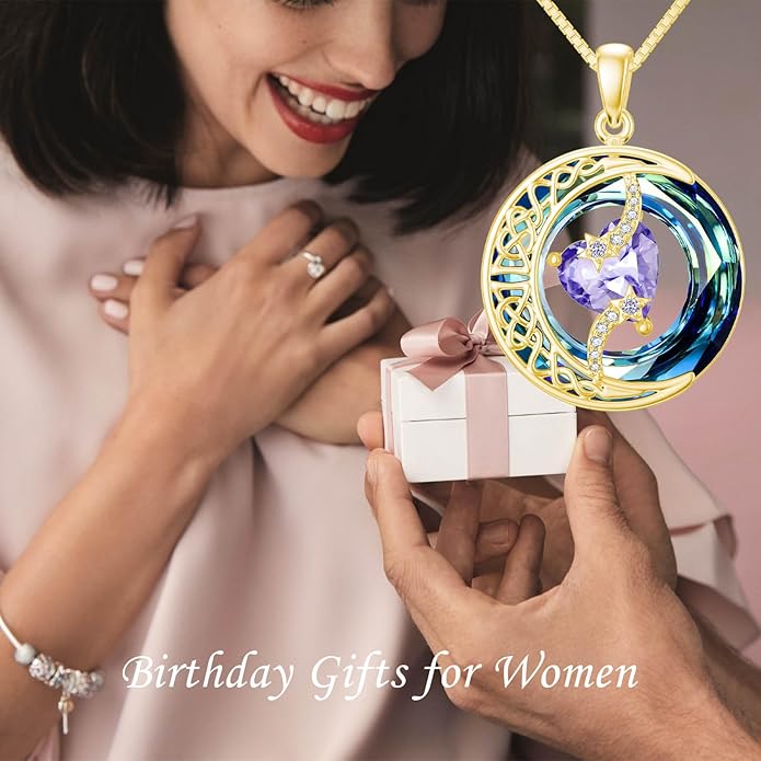 TOUPOP Birthstone Necklace 925 Sterling Silver Moon and Star Pendant with Blue Crystal Celtic Moon Jewelry Birthday Christmas Gifts for Women Mom Wife Her Daughter