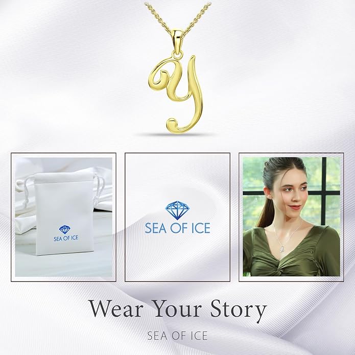 SEA OF ICE Letter Initial Necklace, Alphabet Letter Pendant Necklace, Sterling Silver, Gold, Rose Gold Necklace for Women, Elegant Initial Necklaces, Personalized Custom Women's Necklaces