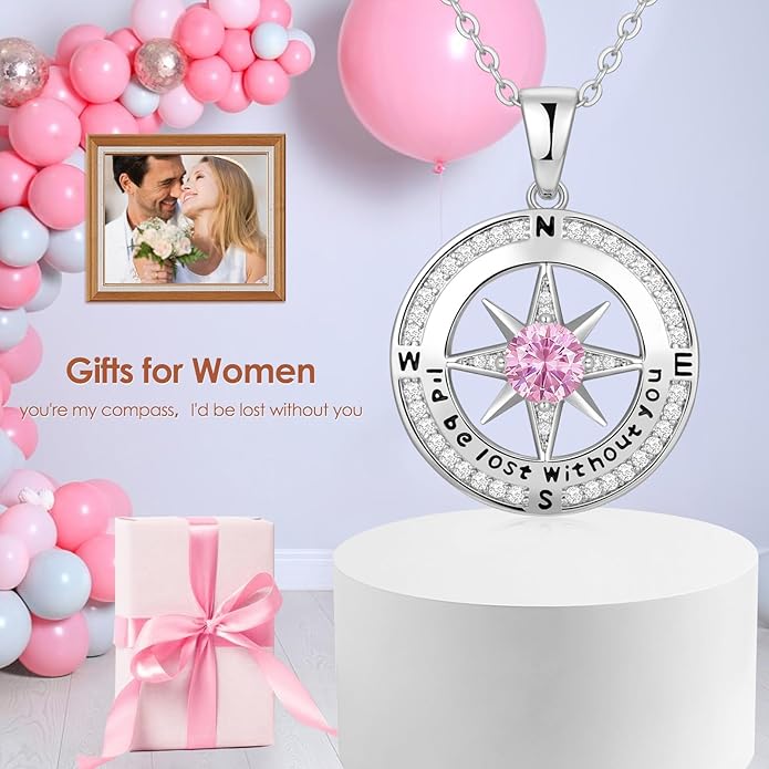 Compass Necklace Gifts for Women wife - S925 Sterling Silver Birthstone Necklaces for Women - Anniversary Birthday Gifts for Her Wife Girlfriend - Valentines Mom Mothers Day Christmas Gifts Jewelry for Women