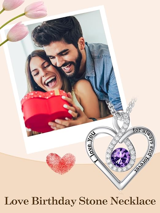 I Love You For Always and Forever Birthstone Necklace Infinity Love Heart Pendant Jewelry Christmas Valentine Mothers Day Birthday Gifts for Women Her Wife Girlfriend