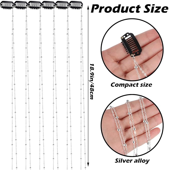 Chunyin 6 Pcs Rhinestone Hair Chains for Women Pearl Charm Rhinestone Hair Jewelry Accessories Crystal Extensions Clips Silver Gold Pins for Braids(Adjustable Silver)