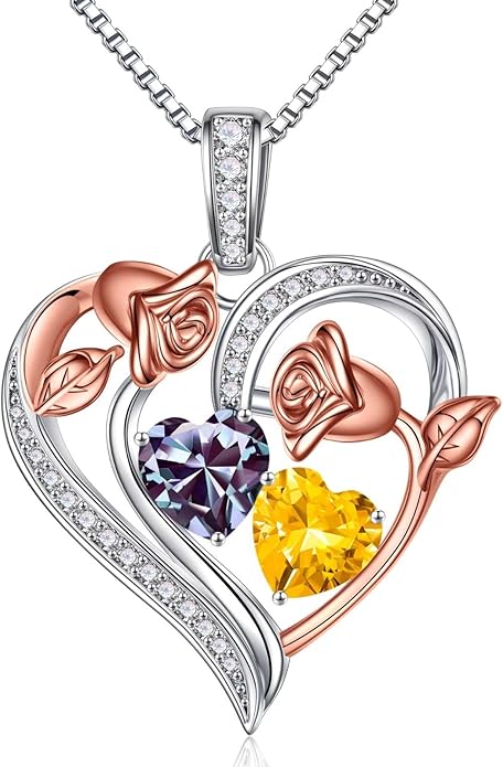 Iefil Birthstone Necklace for Women - 925 Sterling Silver Rose Heart Necklace, Birthstone Jewelry, Anniversary Birthday Gifts for Wife Girlfriend Mom Daughter