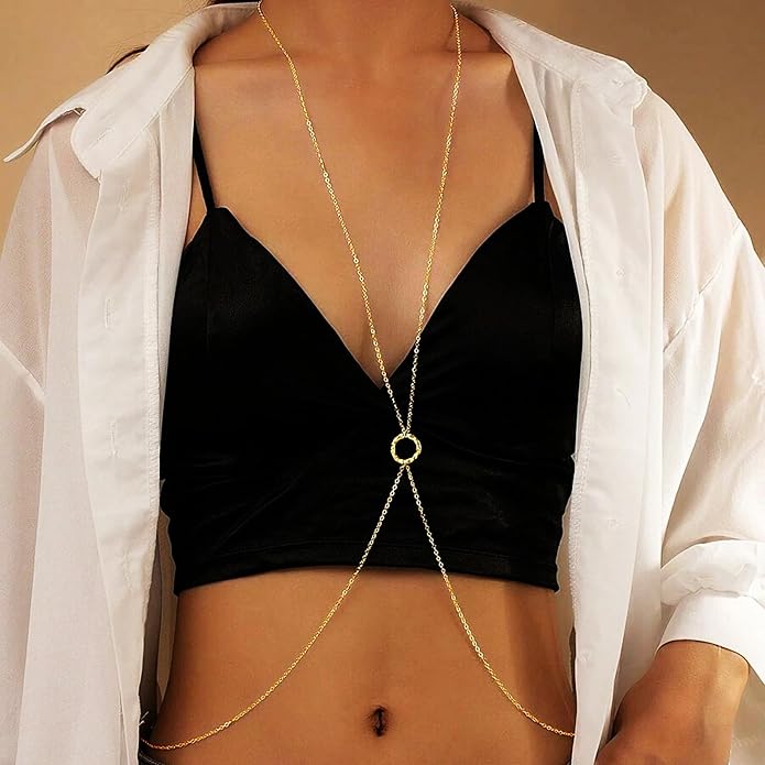 14K Gold Body Chains for Women, Sexy Layered Belly Waist Chain Bikini Bra Chain, Summer Beach Rhinestone Body Jewelry