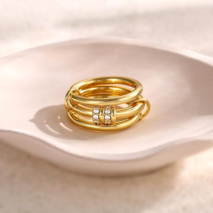 Stackable Gold Rings for Women, 18K Gold Plated Cubic Zirconia Statement Rings, Non Tarnish Ring Set, Dainty Gold Rings for Women, Trendy Fashion Chunky Stacking Rings