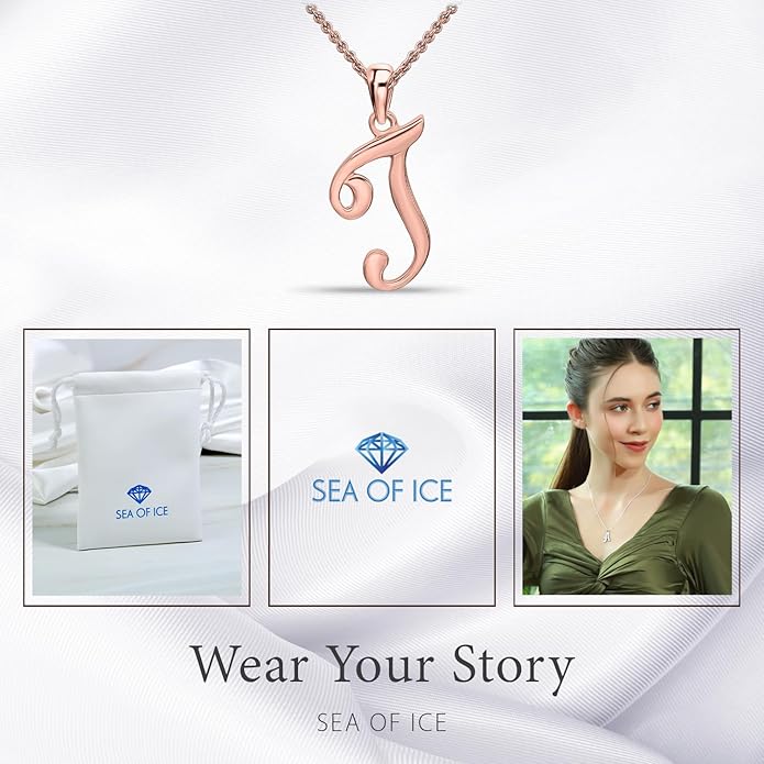 SEA OF ICE Letter Initial Necklace, Alphabet Letter Pendant Necklace, Sterling Silver, Gold, Rose Gold Necklace for Women, Elegant Initial Necklaces, Personalized Custom Women's Necklaces