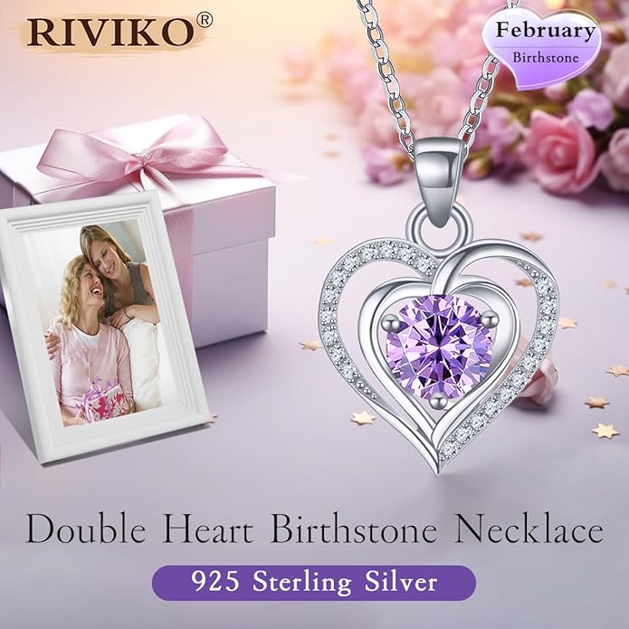 RIVIKO Heart Birthstone Pendant Necklace for Women 925 Sterling Silver Zirconia Necklaces Wedding Anniversary Birthday Mothers Day Jewelry Gifts For Her Mother Wife