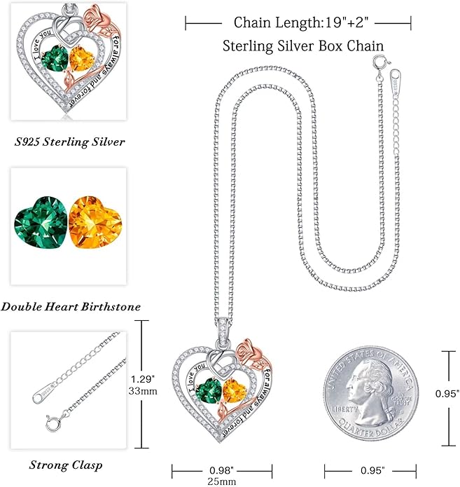 Iefil Rose Heart Necklace Gifts for Wife Women - 925 Sterling Silver Double Birthstone Necklace, Anniversary Birthday Gifts for Women, Jewelry Gift for Wife Girlfriend Mom Her