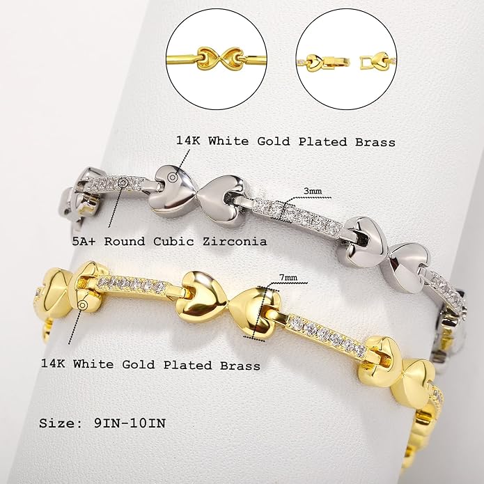 TOPGRILLZ Anklets for Women - 2 mm Heart Bows Design 14K Gold Plated 5A Cubic Zirconia Ankle Bracelets with Fold Over Clasp - Summer Beach Jewelry, 8 IN / 9 IN / 10 IN