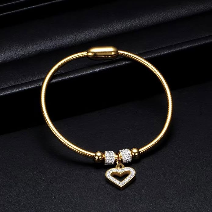 KunBead Heart Charm Birthday Bracelet Stainless Steel Love Bangle Cuff Jewelry Bracelets for Women