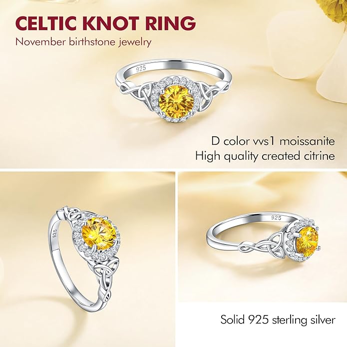 DAYBYDAY Celtic Birthstone Rings for Women 925 Sterling Silver Heart/Round/Pear/Oval Created Gemstone Moissanite Halo Engagement Promise Rings for Her Wife Birthday Anniversary Wedding Jewelry