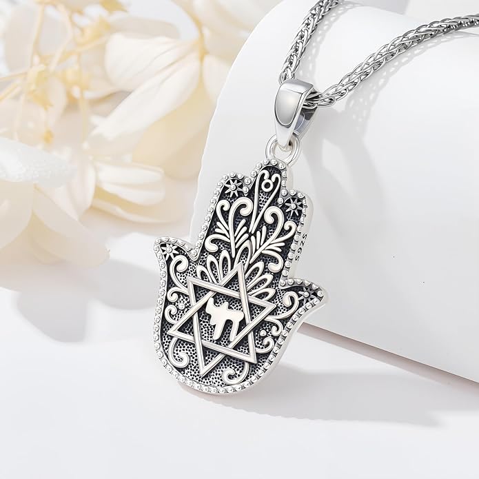 Hamsa Necklace 925 Sterling Silver Evil Eye/Lotus Flower/Star of David/Chai/Yin Yang Hamsa Hand Pendant Jewelry Hand of Fatima Gifts for Women