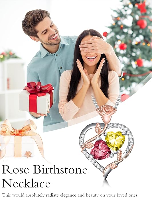 Jewelry for Her Double Heart Rose Birthstone Pendant Necklace Anniversary Jewelry Christmas Birthday Gifts for Women Wife Girlfriend