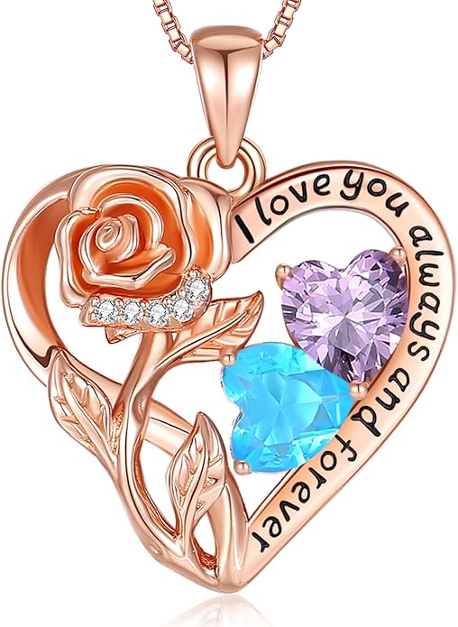925 Sterling Silver Double Birthstone Rose Flower Heart Jewelry Necklaces for Women Anniversary Love Forever Necklaces for Her Birthday Gifts for Wife Girlfriend Mom Mothers Day Rose Gold
