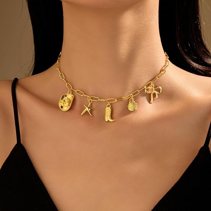 Choistily Charm Necklace Dainty Gold Western Outfit Beach Jewelry for Women Trendy Cowgirl Accessories for Women Gold Bow Sea Shell Pendant Necklace Preppy Stuff Summer Jewelry 2025