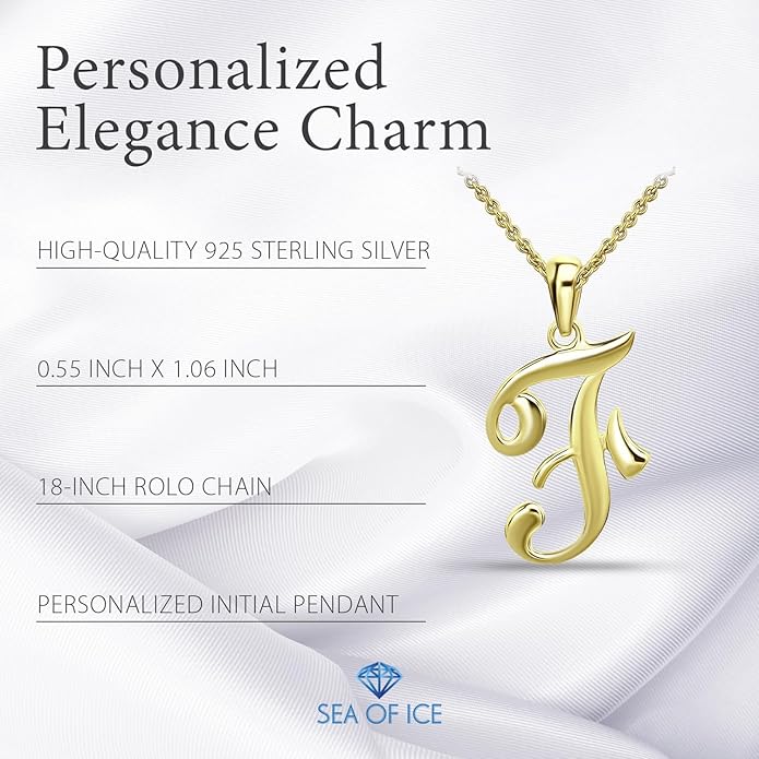 SEA OF ICE Letter Initial Necklace, Alphabet Letter Pendant Necklace, Sterling Silver, Gold, Rose Gold Necklace for Women, Elegant Initial Necklaces, Personalized Custom Women's Necklaces