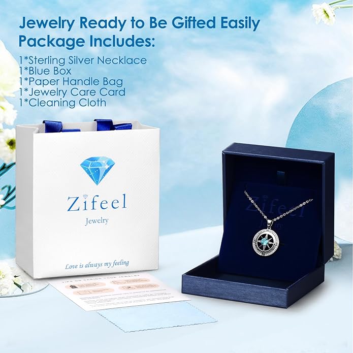 Compass Necklace Gifts for Women wife - S925 Sterling Silver Birthstone Necklaces for Women - Anniversary Birthday Gifts for Her Wife Girlfriend - Valentines Mom Mothers Day Christmas Gifts Jewelry for Women