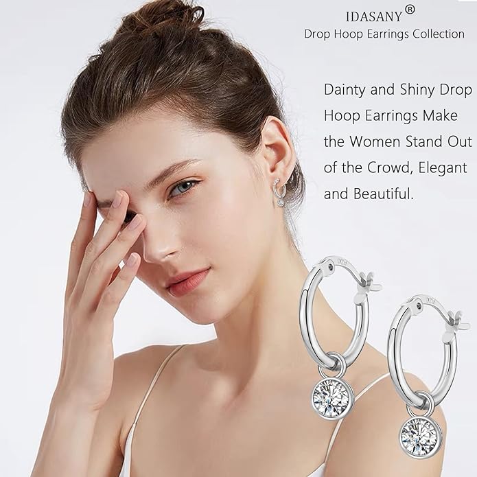 Dangle Hoop Earrings for Women, 925 Sterling Silver Hoop Earrings with Charms Tiny Baguette Round Teardrop Trio Cubic Zirconia Pearl Drop Dangling Cartilage Helix Tragus Diamond Jewelry Gifts