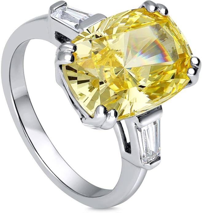 BERRICLE Sterling Silver CZ 3-Stone Solitaire Wedding Engagement Rings for Women, Cubic Zirconia Ring - Asscher, Cushion, Emerald, Pear, Round Cut - Canary Yellow, Green, Amethyst Purple Colors