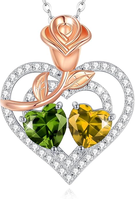 AGVANA Birthstone Necklace for Women Sterling Silver Rose Flower Heart Double Birthstone Jewelry Pendant Necklace Anniversary Birthday Gifts for Women Mom Wife Girlfriend Her