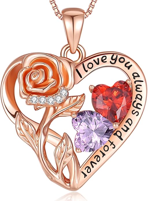 925 Sterling Silver Double Birthstone Rose Flower Heart Jewelry Necklaces for Women Anniversary Love Forever Necklaces for Her Birthday Gifts for Wife Girlfriend Mom Mothers Day Rose Gold