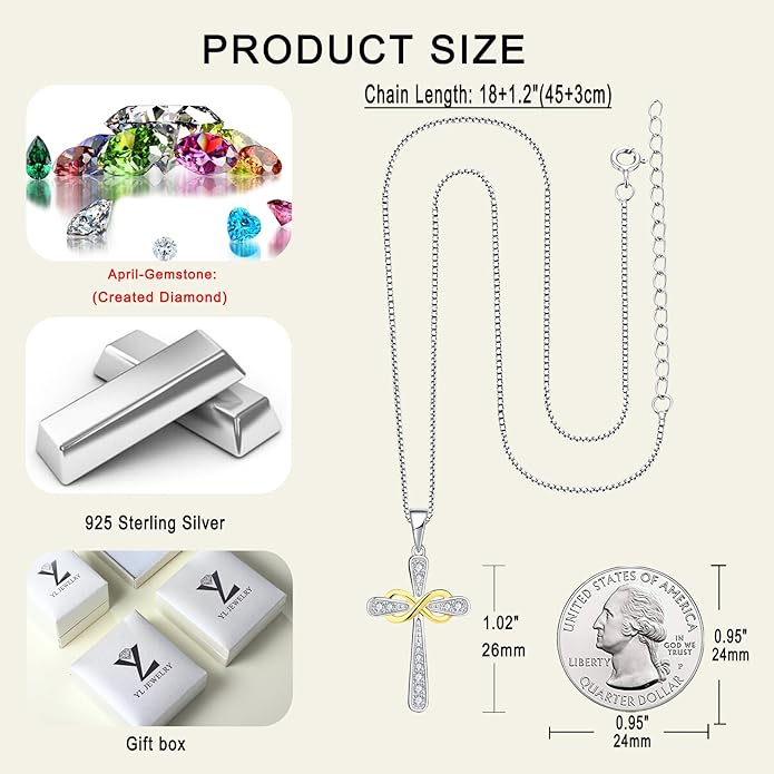 YL 925 Sterling Silver Cross Necklace for Women Halo Infinity Pendant Birthstone Jewelry for Mom