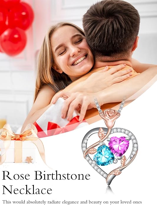 Jewelry for Her Double Heart Rose Birthstone Pendant Necklace Anniversary Jewelry Christmas Birthday Gifts for Women Wife Girlfriend