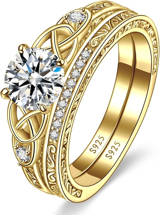 Vintage Celtic Knot Women's Engagement Ring Sets 925 Sterling Silver/14K Gold Plated Stackable Wedding Bands Rings AAAAA Cubic Zirconia Women Bridal Sets Wedding Ring Band Width 1.8mm Size 5-9