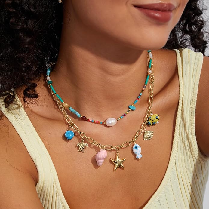 KissYan Charm Necklace for Women, 14K Gold Plated Heart Starfish Sun Pendant Fashion Link Chain Boho Summer Beach Jewelry Gifts