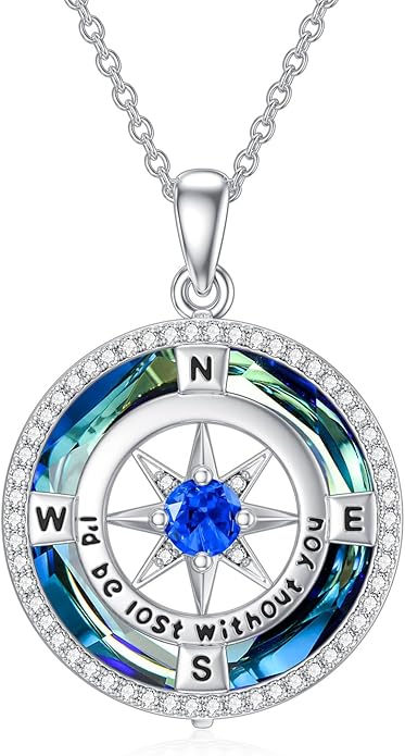 TOUPOP Compass Necklace for Women 925 Sterling Silver I'd be Lost without You Compass Pendant Birthstone Necklaces Anniversary Jewelry Birthday Gift for Girlfriend Wife Graduation Gifts for Her Daugthter