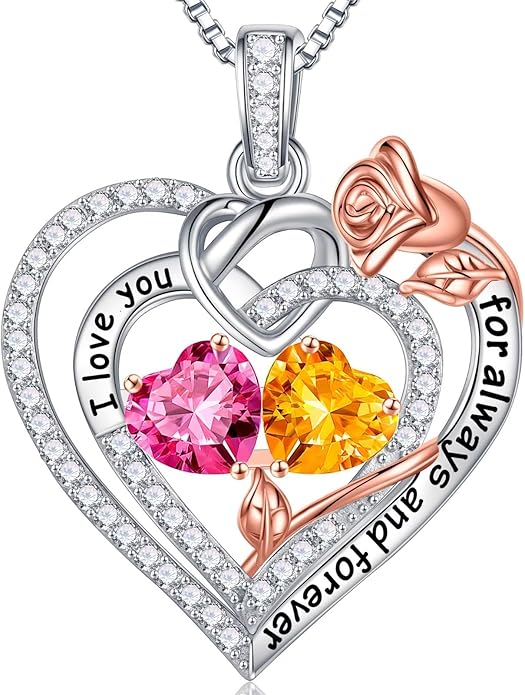 Iefil Rose Heart Necklace Gifts for Wife Women - 925 Sterling Silver Double Birthstone Necklace, Anniversary Birthday Gifts for Women, Jewelry Gift for Wife Girlfriend Mom Her