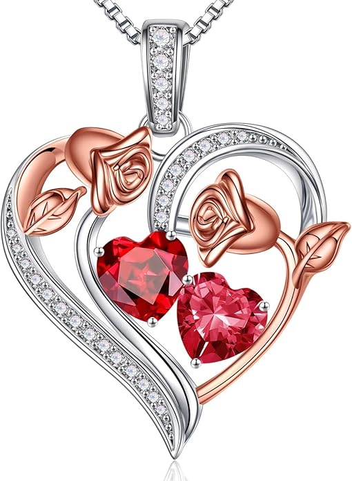 Iefil Birthstone Necklace for Women - 925 Sterling Silver Rose Heart Necklace, Birthstone Jewelry, Anniversary Birthday Gifts for Wife Girlfriend Mom Daughter