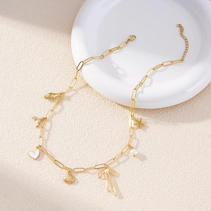 Charm Necklace for Women 14K Gold Plated Shell Cowgirl Boot Horseshoe Bow Heart Pendant Necklace Beach Western Jewelry