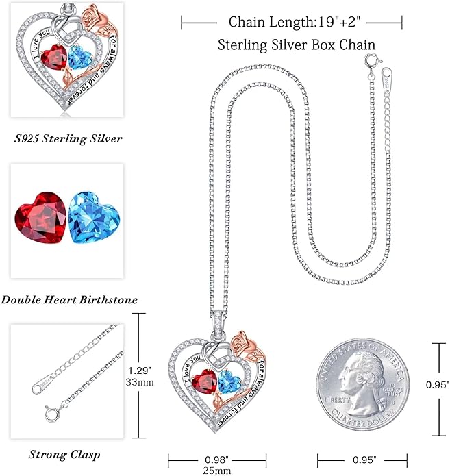 Iefil Rose Heart Necklace Gifts for Wife Women - 925 Sterling Silver Double Birthstone Necklace, Anniversary Birthday Gifts for Women, Jewelry Gift for Wife Girlfriend Mom Her