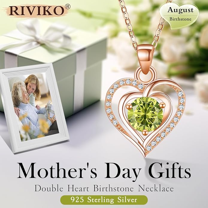 RIVIKO Heart Birthstone Pendant Necklace for Women 925 Sterling Silver Zirconia Necklaces Wedding Anniversary Birthday Mothers Day Jewelry Gifts For Her Mother Wife