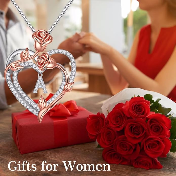 Iefil Rose Heart Necklaces Gifts for Women, 925 Sterling Silver Rose Heart Initial Letter Necklace for Her Mom Wife Girlfriend
