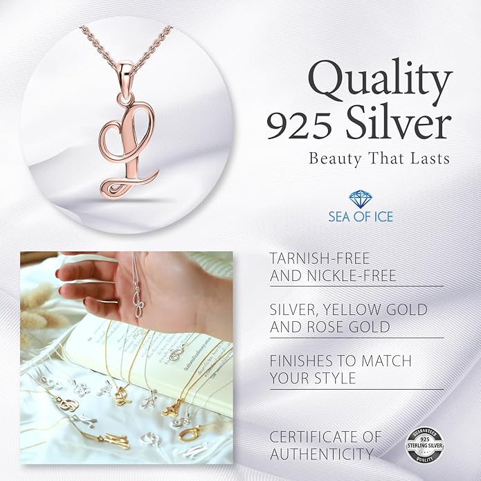 SEA OF ICE Letter Initial Necklace, Alphabet Letter Pendant Necklace, Sterling Silver, Gold, Rose Gold Necklace for Women, Elegant Initial Necklaces, Personalized Custom Women's Necklaces