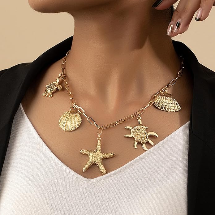 Choistily Charm Necklace Dainty Gold Western Outfit Beach Jewelry for Women Trendy Cowgirl Accessories for Women Gold Bow Sea Shell Pendant Necklace Preppy Stuff Summer Jewelry 2025