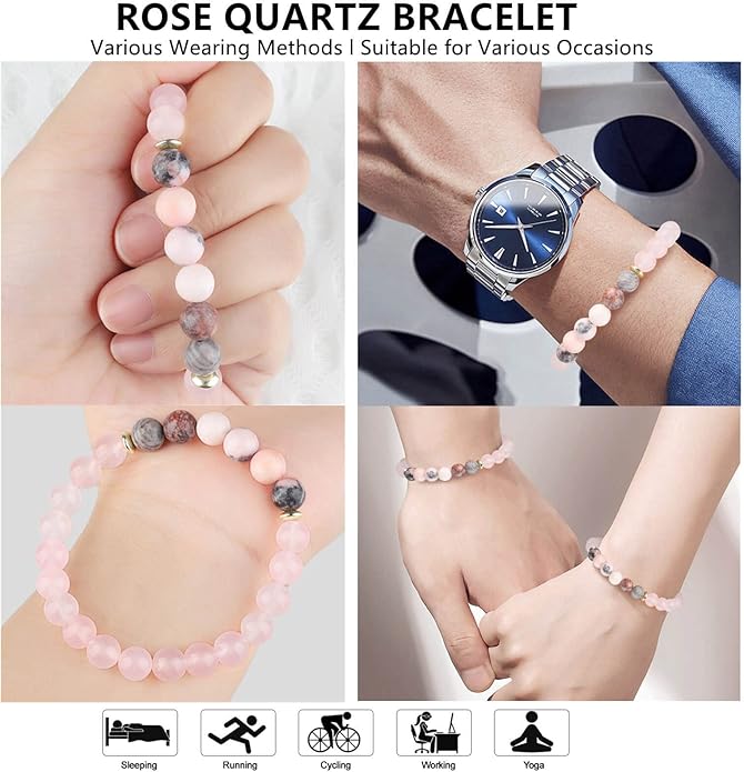 HOZEAL Rose Quartz Pink Opal Peru Crystal Bracelet, Love Friendship Crystal Stone Chakra Bracelet, Business Money Energy Wealth Good Luck Prosperity Feng Shui Beaded Bracelet for Men Women
