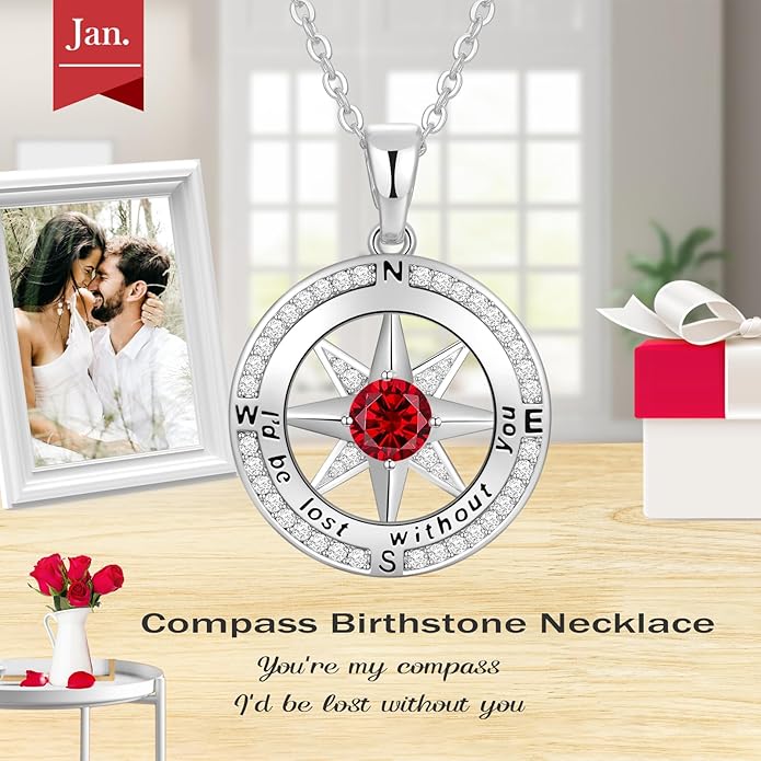 Peeshow Gifts for Women Wife-Compass Birthstone Necklace Gift for Wife Birthday Wedding Anniversary Women Jewelry for Her Girlfriend S925 Sterling Silver