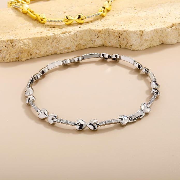 TOPGRILLZ Anklets for Women - 2 mm Heart Bows Design 14K Gold Plated 5A Cubic Zirconia Ankle Bracelets with Fold Over Clasp - Summer Beach Jewelry, 8 IN / 9 IN / 10 IN