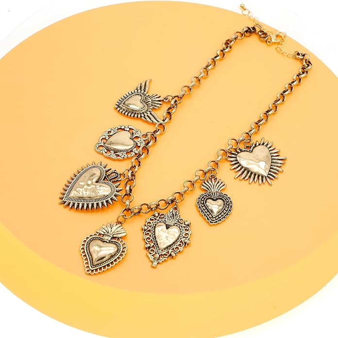 Chunky Retro Heart Necklace for Women Antique Layer Beach Ocean Moon Stars Western Boho Charm Necklaces Retro Link Chain Jewelry