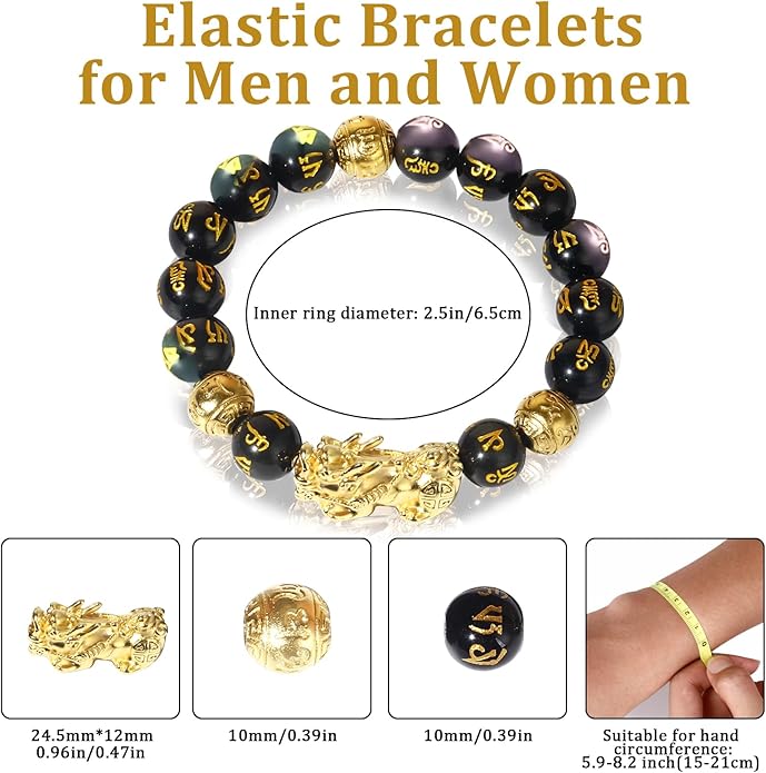 Feng Shui Bracelet 24K Gold Plated PiXiu Bracelet, Obsidian Dragon Protection Meditation Decompression Prayer Beads Lucky Wealth Bracelets for Men Women