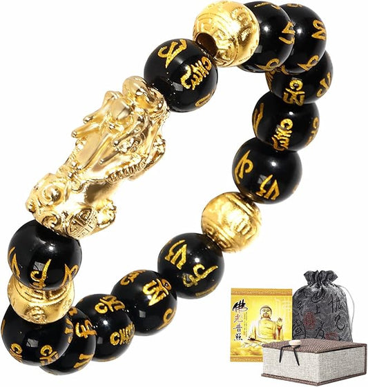 Feng Shui Bracelet Obsidian Bracelet, 24k Gold Plated PiXiu Dragon Protection for Men Women, 12mm Mantra Prayer Beads Bracelets Meditation Decompression Meaning to Attract Wealth, Good Luck