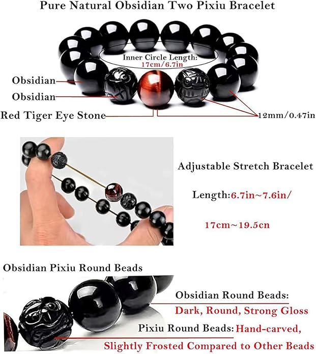 Black Obsidian Bracelet,Feng Shui Black Obsidian Wealth Bracelet for Women Men Couples Handmade Stretch Obsidian Bracelet Bangle with Carved Pixiu Tiger Eye Stone Attract Wealth Money and Good Luck